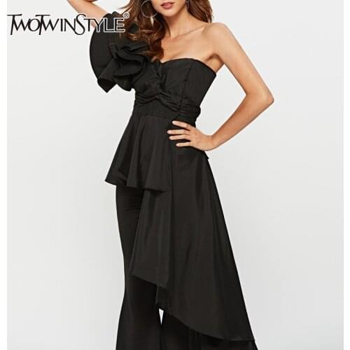 TWOTWINSTYLE White Patchwork Ruffle T Shirt For Women Skew Collar Sleeveless Irregular Hem Slim T Shirts Female Fashion New