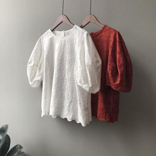 2020 White O-Neck Flower Crochet Puff Sleeve Cotton Blouses Boho Women Shirt Blusas Roupa Feminina Outwear