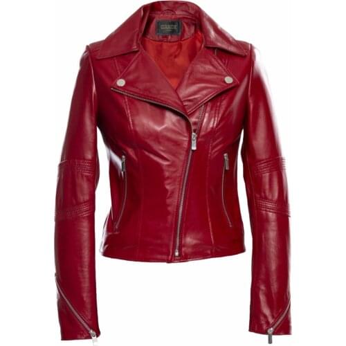 Luxury Red Ladies Leather Jacket, Genuine Lambskin Ladies Jacket