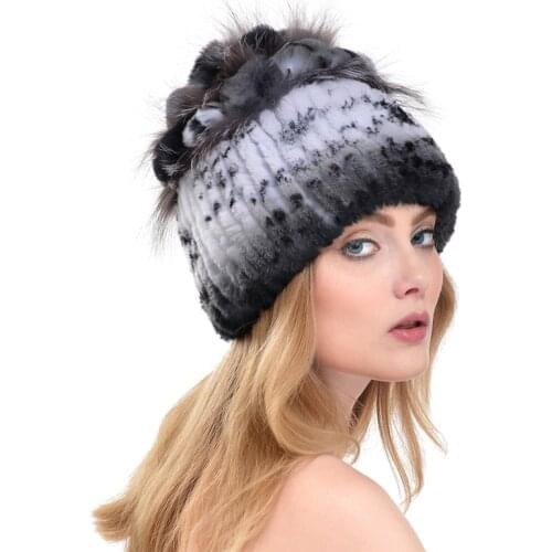 QAZXSW Winter Hat For Women Rex Rabbit Fur Knitted Capes beanies With Fox Fur Flowers Fashion Ladies Warm Casual Capes LJ4305