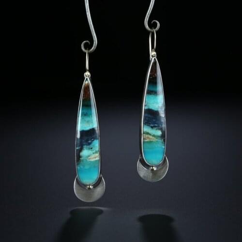 Retro Green Enamel Long Teardrop Stone Earrings Boho Accessories Blue Painting Statement Drop Dangle Earrings Women