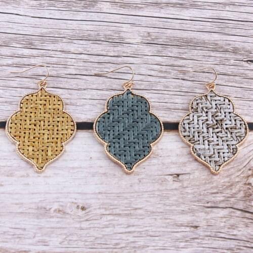 ZWPON Gold Filigree Moroccan Handmade Weave Quatrefoil Strow Mat Drop Earrings Alloy Quatrefoil Frame Drop Earrings for Woman