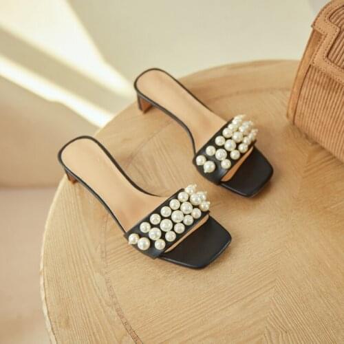 2021 Ladies Genuine Leather Slippers Thick Hgh Heels Footwear Summer Fashion Outside Women Slipper Mules Shoes Size 41 42 43