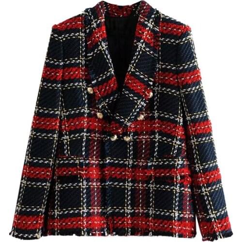 Vintage Blazers Women Fashion Double Breasted Casual Jackets Elegant Long Sleeve Plaid Suits Female Ladies