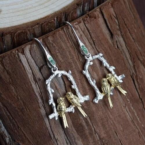 FNJ Double Bird Earrings 925 Silver Original S925 Sterling Silver Drop Earring for Women Jewelry Green Cubic Zircon