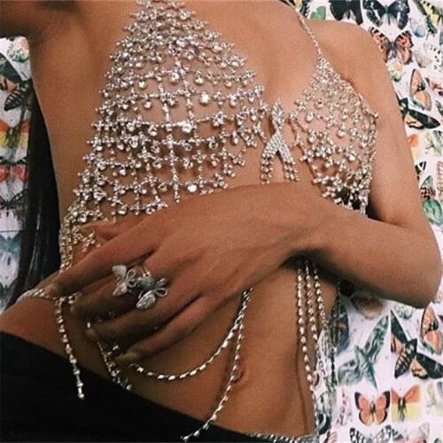 Sexy Crystal Body Jewelry Bra DJ Lady DS Sparkling Rhinestone Copper Western Chain for Women Waist Nightclub Harness Charm