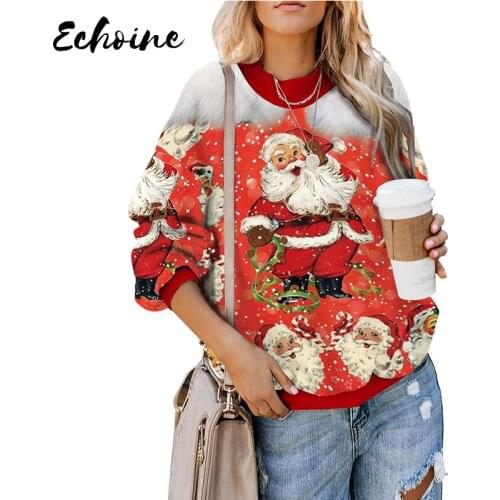 Echoine Red/Black Merry Christmas Holiday Digital Cartoon Print Sweatshirt Women Fall Winter Long Sleeve Pullover Casual Tops
