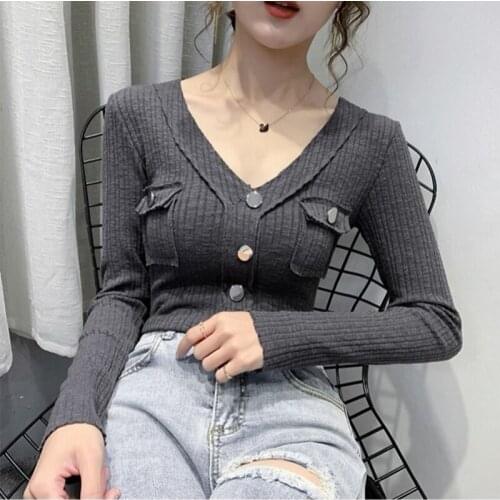 Women Spring Winter Style Knitted Sweater Pullovers Lady Casual Solid Color V-Neck Long Sleeve Pullovers Tops ZZ0105