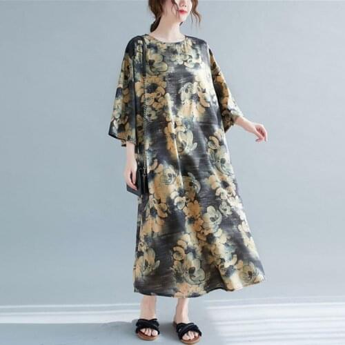 Oversized Women Cotton Linen Casual Dresses New Arrival 2021 Spring Vintage Style Floral Print Loose Female Long Dress S3524