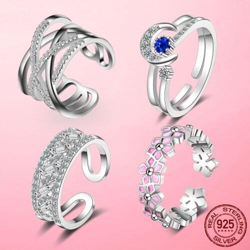 Clear CZ Ring 925 Sterling Silver Zircon Moon Daisy Flower Geometry Open Size Finger Rings for Women Wedding Engagement Jewelry