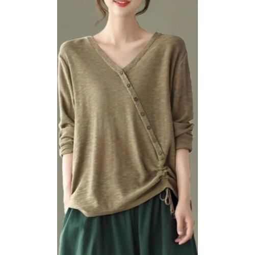 2021 Womens Loose Long-sleeved Large Size Wool Sweater Pullover Lace Up Wild V-neck Sweater Autumn Fall Knitted Bottoming Shirt