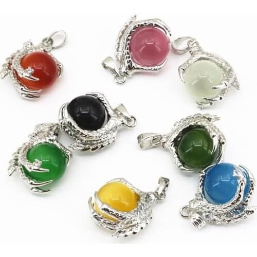 5pcs Wholesale Stone Crystal Pendant Charm Paw Shape Jewelry Making 25x31mm Opal Cat Eye Round Ball Inlay Diy Findings B3295