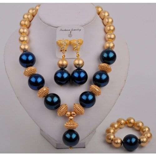 African Jewelry Sets Dark Blue Pearl Necklace Bracelet Earrings Dubai Gold for Women Wedding Party Bridal Set