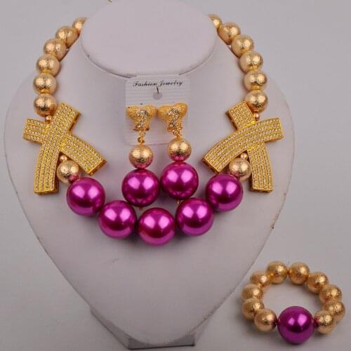 Fuchsia Pink Pearl Bead African Jewelry Sets Dubai Gold for Women Wedding Party Bridal Necklace Earrings Bracelet