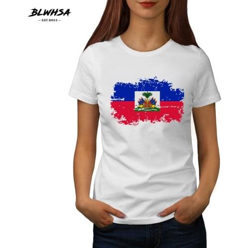 BLWHSA Haiti Flag T shirt Women Casual Round neck 100% Cotton Printing T-shirts Funny Haiti National Flag Female Tees