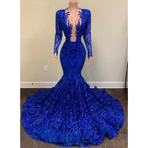Royal Blue African Black Girls Prom Dresses 2021 Long Sleeve Sequined Beaded V Neck Evening Dress Plus Size Formal Party Pageant