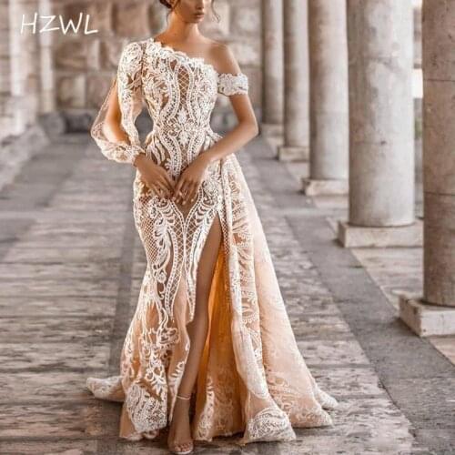 Retro Lace Mermaid Wedding Dresses Champagne Off The Shoulder Open Long Sleeve Side Split Bridal Gowns Sweep Vestidos