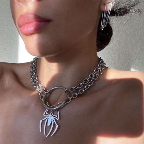 Trendy Geometric Big Circles Spider Pendant Necklaces Vintage Punk Double Layer Silver Color Chain Necklaces For Women Jewelry