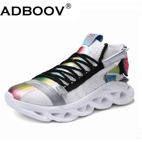 ADBOOV New Fashion Sports Men Running Shoes Knit Upper White Chunky Men Sneakers Flat Lace-Up Shock Absorprion Shoes+Male