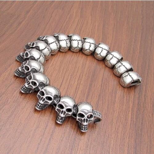 Punk 316L Stainless Steel Silver Color Black 15 Skull Head Bracelet Jewelry