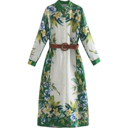Spring New Women Long Sleeve Turn-down Collar Button Shirt Dress Floral Print Elegant Casual Long Vestidos With Belt