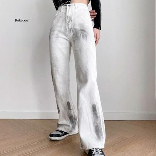 New Womens Wide-Leg Pants Tie-Dye High-Waist Buttons Slim-Fit Jeans Casual Denim Loose Autumn and Winter Pants Trousers