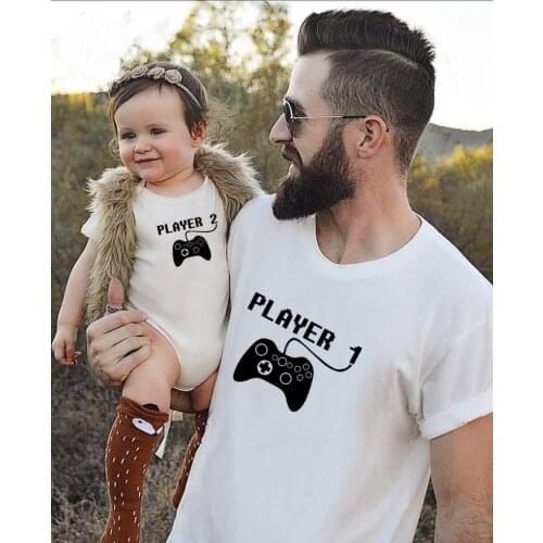 1pcs Player 1 Player 2 Shirts Daddy and Me Father Son Matching Shirts Dad Boy Match Tops Players Shirts Family Look Clothes