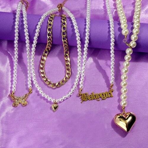 Flatfoosie 2020 Elegant Pearl Choker Necklaces Female Gold Color Metal Letters Virgin Mary Heart Pendant Necklace Jewelry Gifts