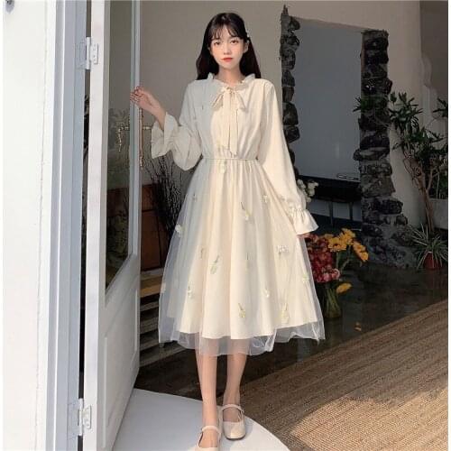 Puff Sleeve Bow Collar A-Line Loose Sweet Students Korean Style Fashion Tender Mori Dresses Series for Girl
