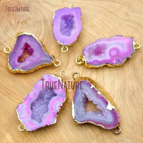 10Pcs Hot Pink Druzy Geode Double Bail Pendant Gold Color Irregular Shape Double Bail Pendant On Sale Approx 32x23mm PC15679