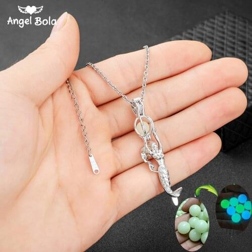 Mermaid Pendant Hollow Luminous Stone Pendant Mothers Day Gifts Moon Glowing Necklace Gem Charm Jewelry Stainless Steel