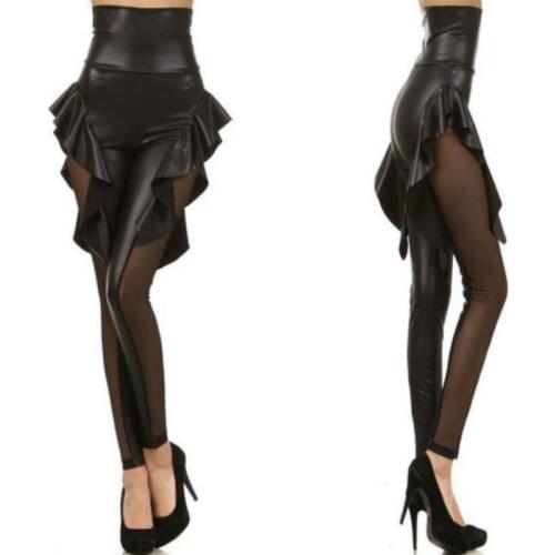 Leather Lace Stitching Legging Fashion Sides Ruffle Skirt Leggins Sexy Punk Legging PU Long Pants