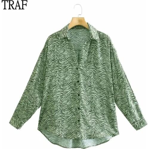 TRAF Za Women Satin Shirt 2021 Fashion Print Long Sleeve Shirt Woman Vintage Buttons Loose Blouses Women Casual Top Female Chic