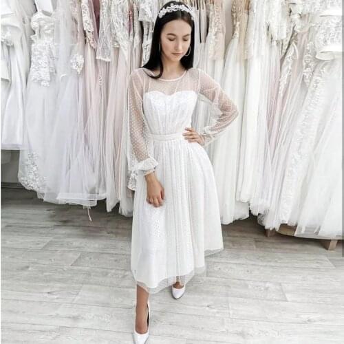 Vintage Dotted Tulle Short Wedding Dresses Long Sleeve Sheer Neck A Line Retro Tea Length Bridal Gowns Custom Size