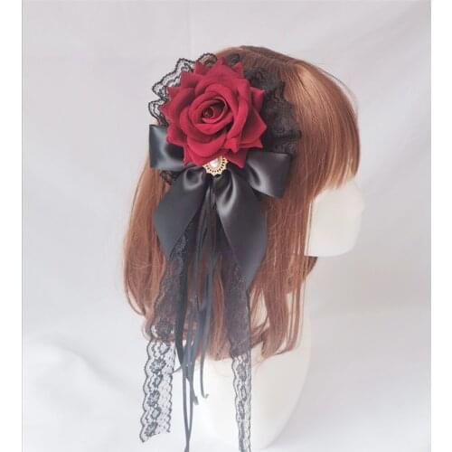 Sweet Lolita Kawaii Bow Lace Trim Rose Red Flower Pendant Headband Fairy Anime Cosplay Headwear Hair Clips KC Hair Accessories