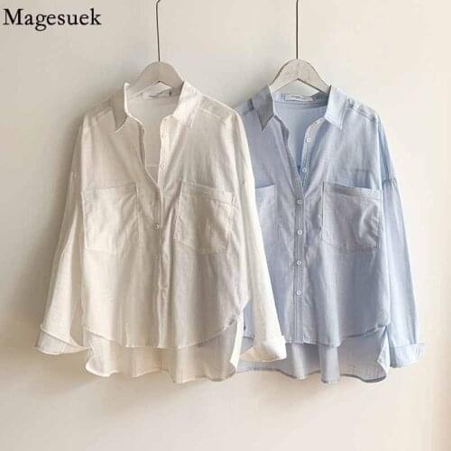 Autumn Turn-down Collar White Shirts for Women 2021 New Double Pocket Office Lady Blouses Cotton Linen Tops Mujer Shirt 16307