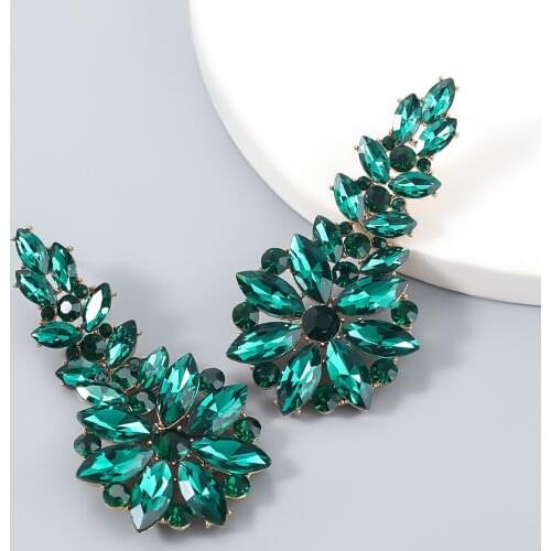 Vintage Exaggerated Women Deep Green Blue Crystal Rhinestone Pendant Long Drop Earrings for Women Fashion Jewelry