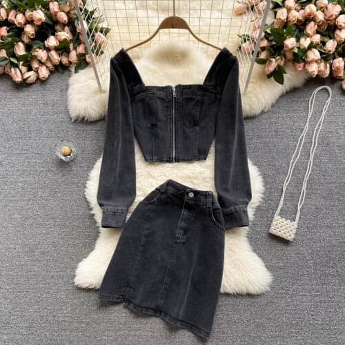 SINGREINY Women Autumn Korean Retro Denim Set Long Sleeve Square Collar Short Zipper Top+High Waist Split Skirts Two Piece Suits