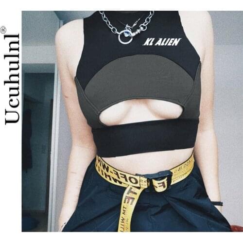 2021 summer women fitness tank top bra turtleneck sleeveless hollow out patchwork crop top letter print sportswea clothes tops