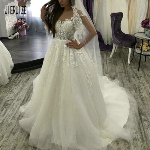 JIERUIZE Glamorous Wedding Dresses Square Neck Short Sleeve Button Back Illusion Bodice Wedding Gowns Appliques vestido de novia
