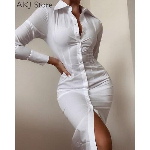 Women Button Design Long Sleeve Skinny Shirt Dress