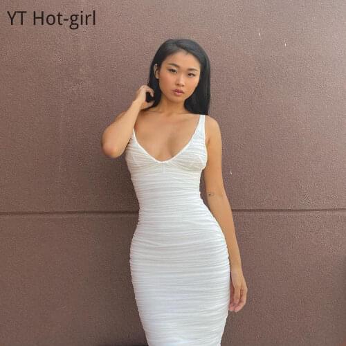 2021 Summer Spaghetti Strap Women 's Slip Midi Dress Bodycon Ruched White Elegant Mesh Party Night Club Gown Fall