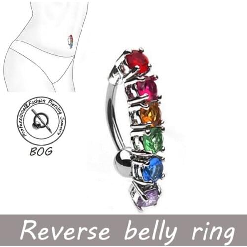 BOG - Lot 10 Pieces Reverse Belly Button Ring Rainbow 6 CZ gem Prong Set 14 Gauge