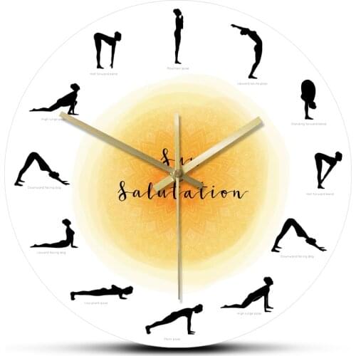 Surya Namaskar Sequence Yoga Pose Silhouette Wall Clock Non ticking Sun Salutation Wall Clock Yoga Studio Decor Gift For Yogis
