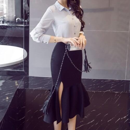 Elegant Korean Style Women Office Formal Mermaid Skirt Summer Ruffle High Waist Midi Skirt Plus Size 5Xl Black OL Skirts