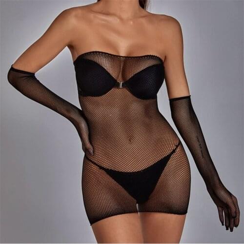 Hirigin Lingerie Fishnet Sexy Babydolls Nightwear Women Mesh See Through Long Sleeve Backless Short Exotic Dress Nightdress 2021