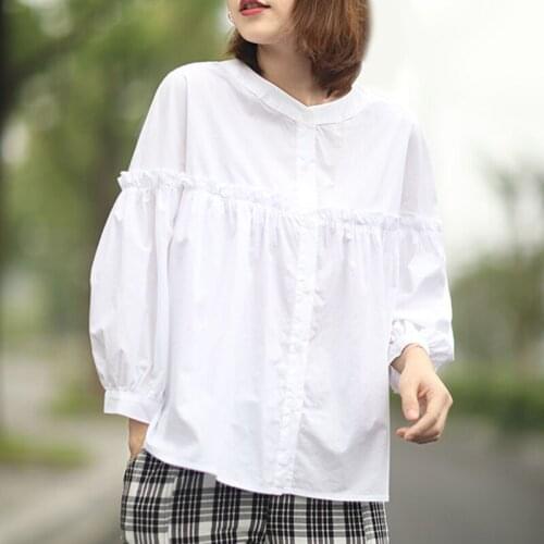 Johnature Women Casual Cotton Solid Color Ruffles Shirts Full Sleeve Tops O-neck Blouses 2021 Spring Button Mori Girl Shirts