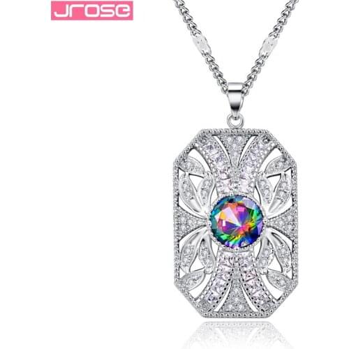 JROSE Vintage Square Pendants Necklaces For Women Silver Wedding Jewelry With Chain Rainbow Light Blue White Crystal Zircon