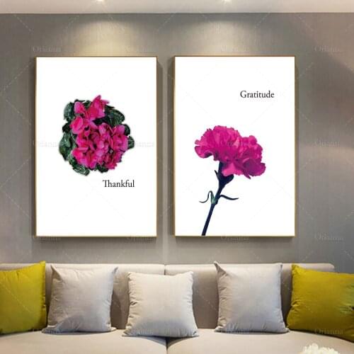 Pink Flower Illustration Art Print, Wall Art Decor,Modern - GRATITUDE Poster Home Minimalism Bedroom Decoration Canvas Painting