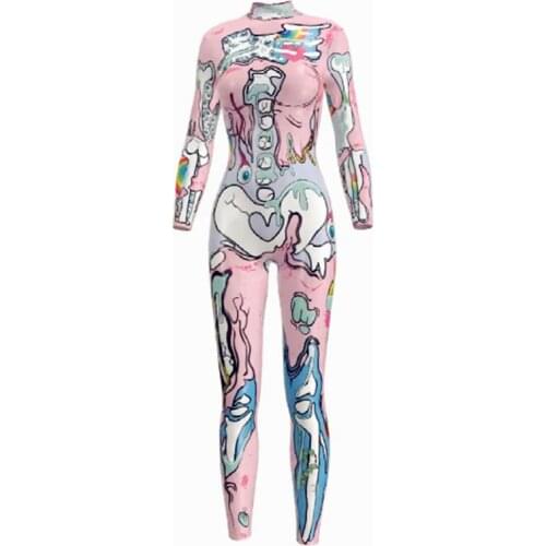 Doodle Skull Skeleton Jumpsuit Catsuit Sexy Cosplay Costumes Halloween Women Bodysuit Fancy Dress GIRL cosplay Bodysuit fashion